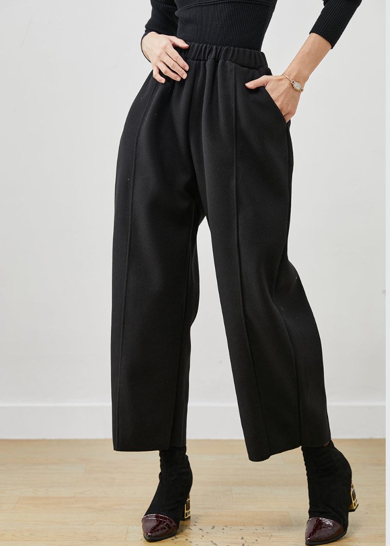 Bohemian Black Oversized Elastisk Talje Ulden Crop Pants Forår - Dame uldfrakker