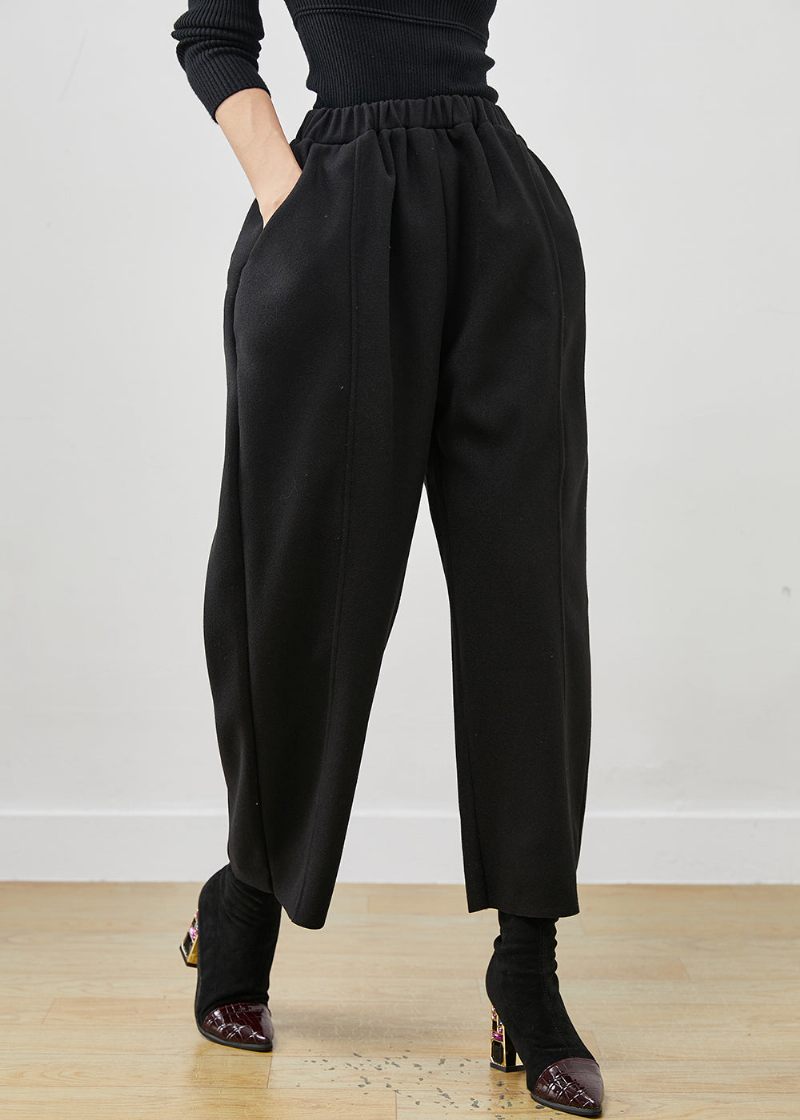 Bohemian Black Oversized Elastisk Talje Ulden Crop Pants Forår - Dame uldfrakker