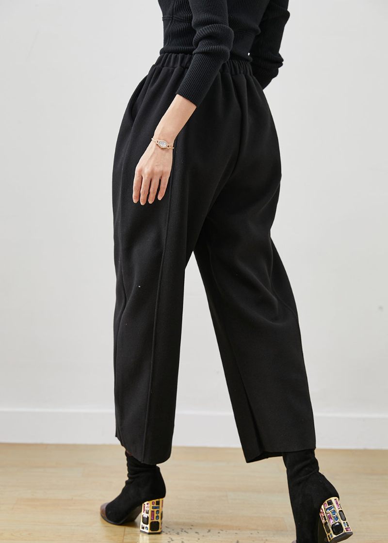 Bohemian Black Oversized Elastisk Talje Ulden Crop Pants Forår - Dame uldfrakker