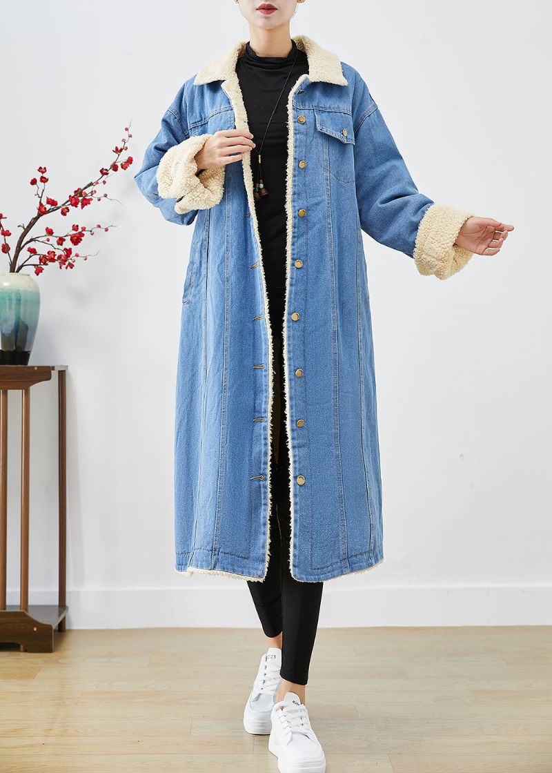 Bohemian Blue Oversized Tyk Fleece Uldforet Denim Trenchcoats Vinter - Dame uldfrakker