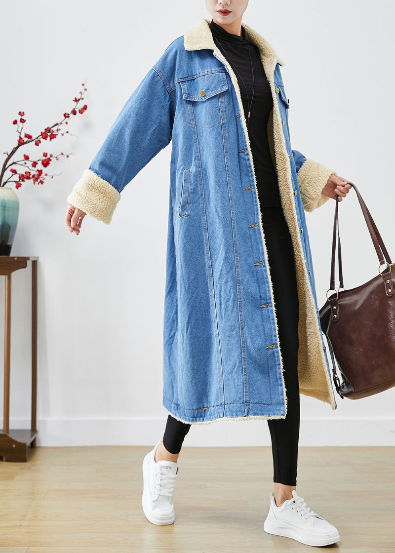 Bohemian Blue Oversized Tyk Fleece Uldforet Denim Trenchcoats Vinter - Dame uldfrakker