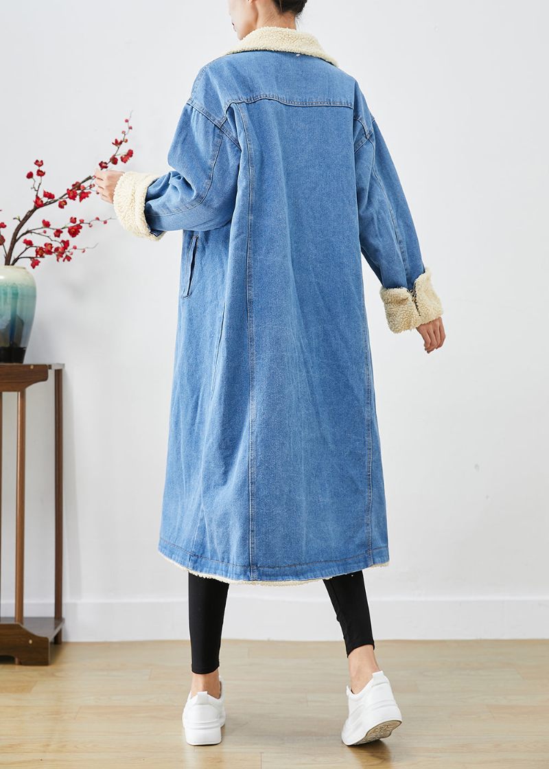 Bohemian Blue Oversized Tyk Fleece Uldforet Denim Trenchcoats Vinter - Dame uldfrakker