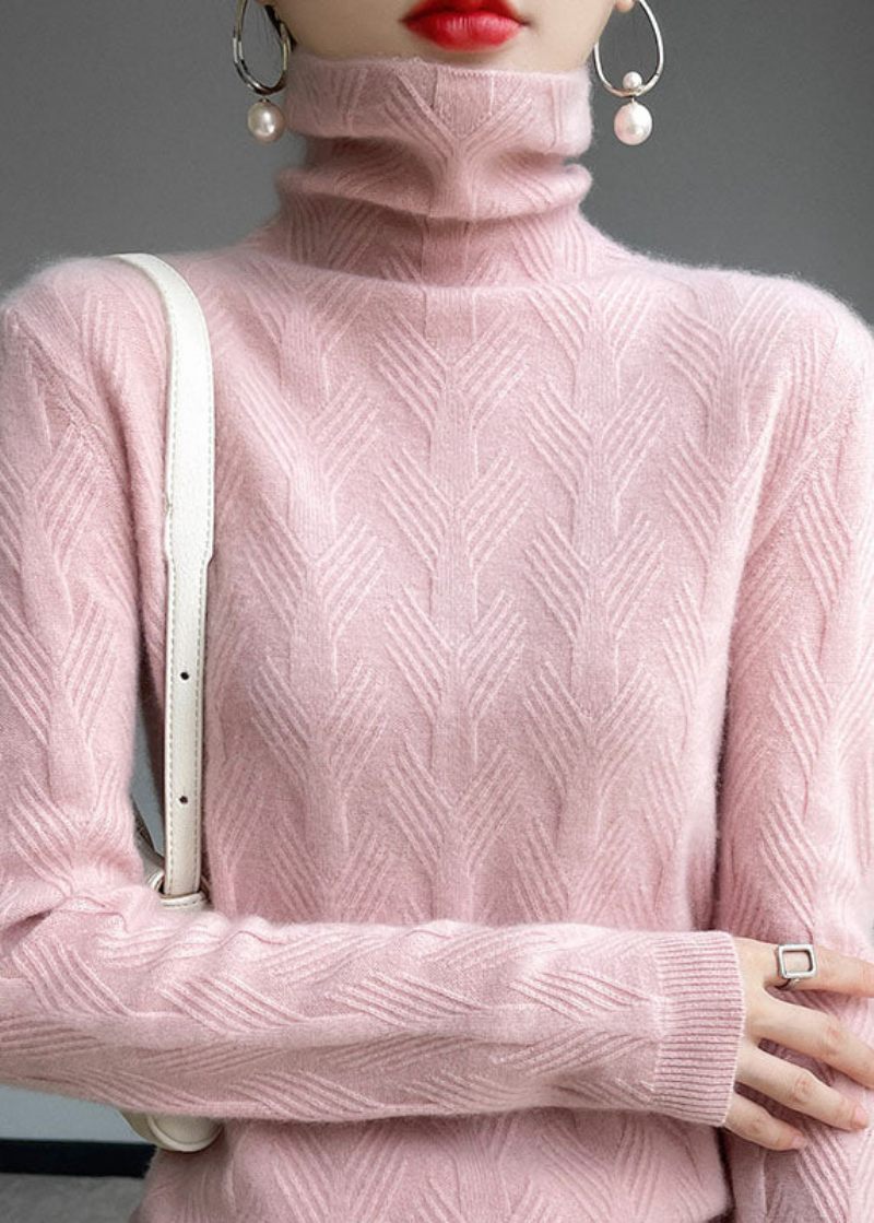 Bohemian Pink Turtle Neck Tyk Uld Strik Top Vinter