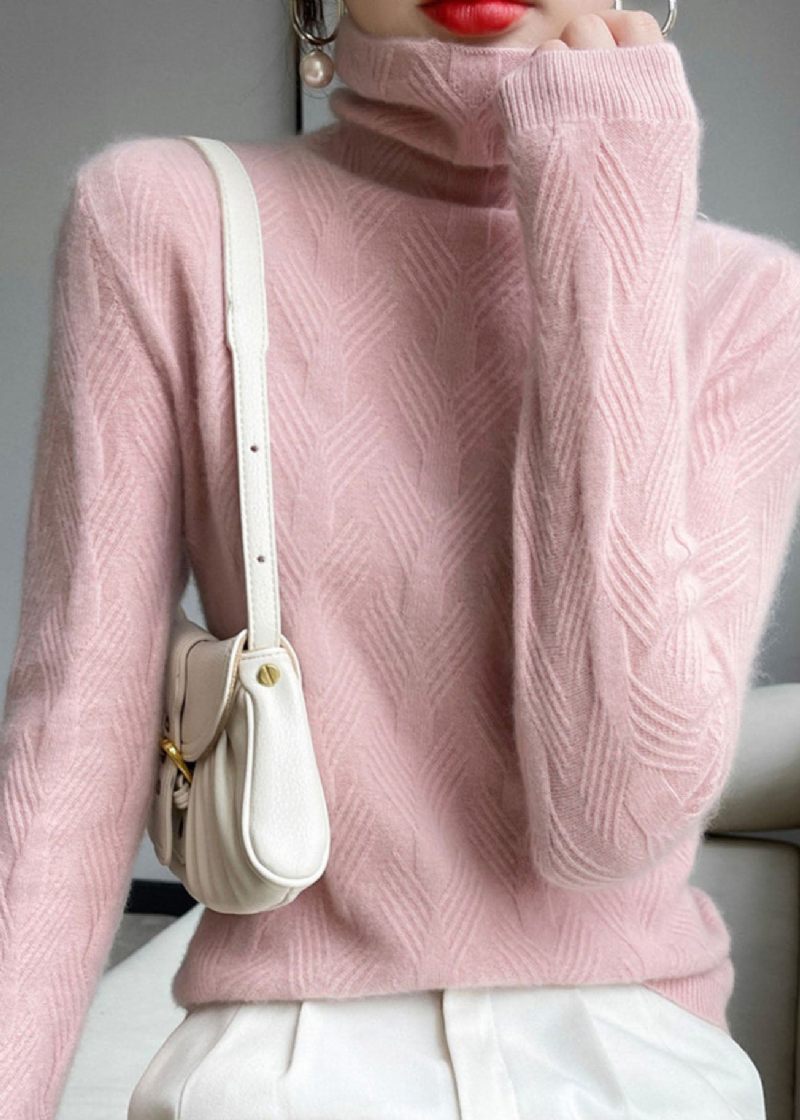 Bohemian Pink Turtle Neck Tyk Uld Strik Top Vinter - Dame uldfrakker