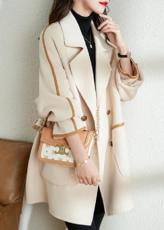 Bohemian White Lapel Patchwork Pu Uld Trench Coat Fall