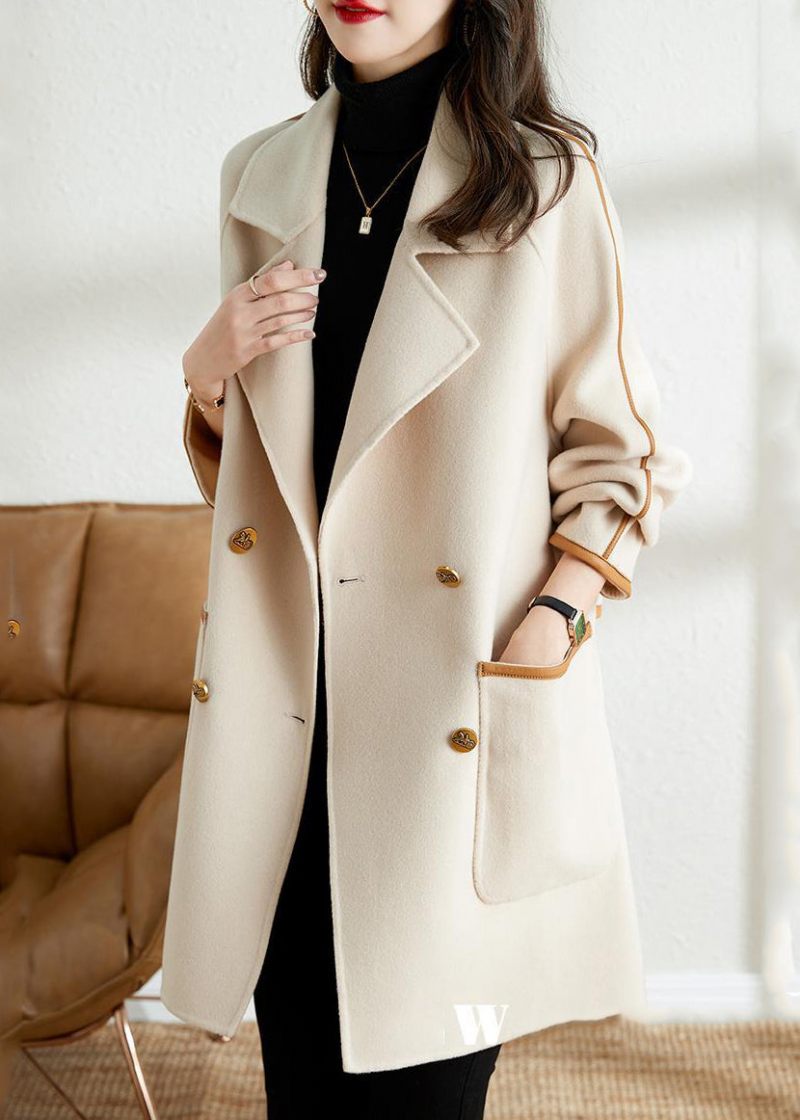 Bohemian White Lapel Patchwork Pu Uld Trench Coat Fall - Dame uldfrakker