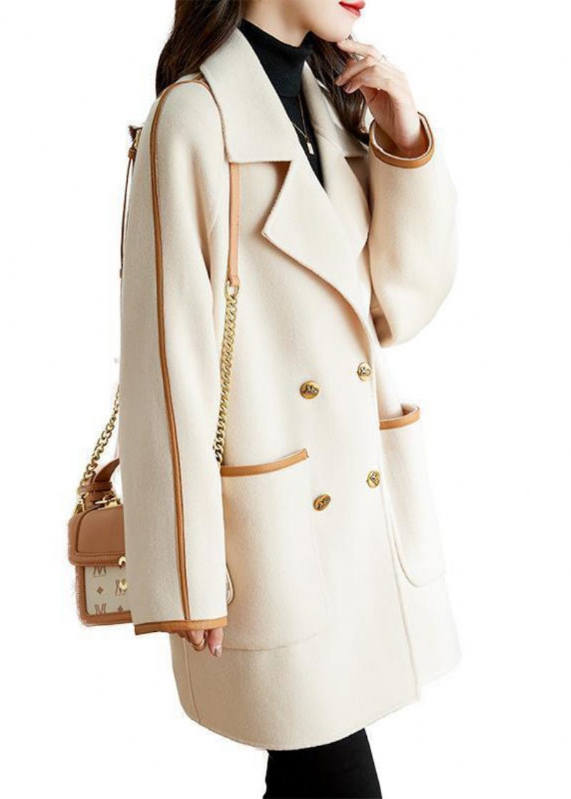 Bohemian White Lapel Patchwork Pu Uld Trench Coat Fall - Dame uldfrakker