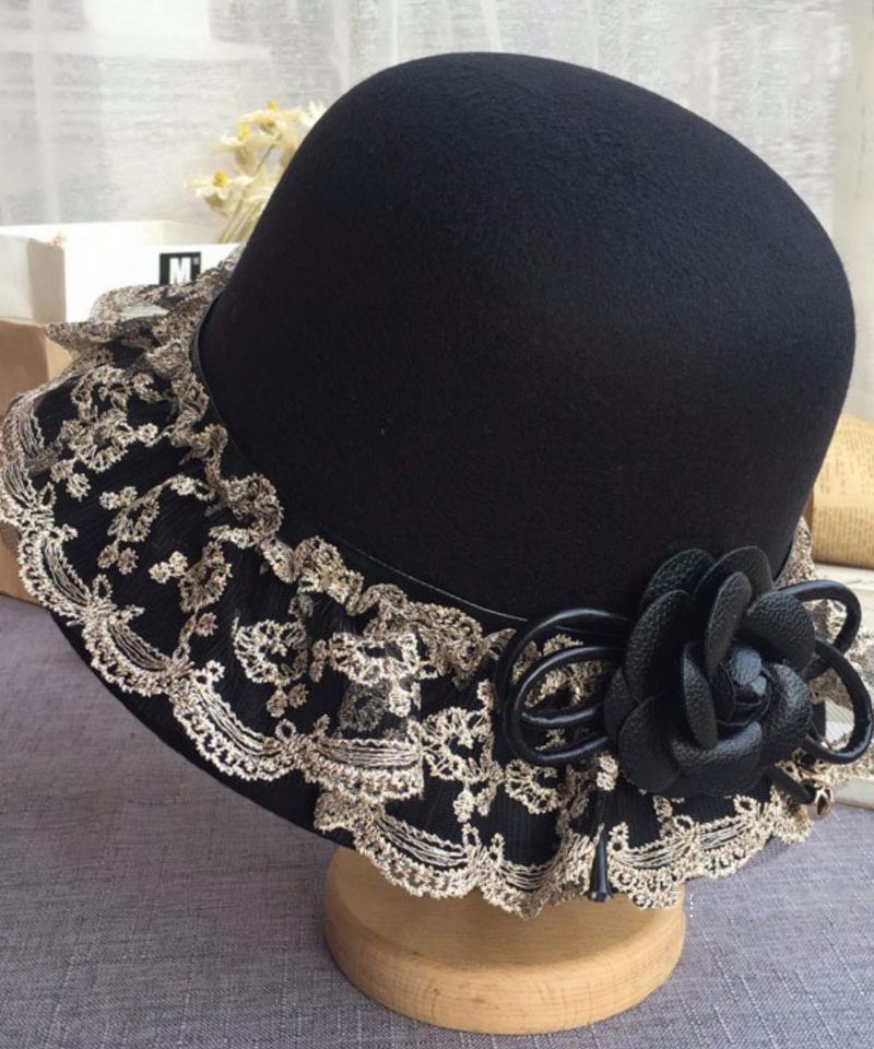 Boho Black Lace Patchwork Blomsterulden Bucket Hat - Dame uldfrakker