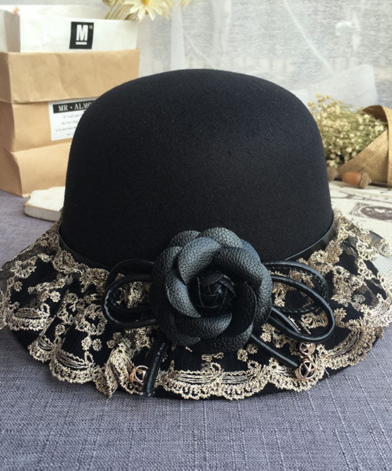 Boho Black Lace Patchwork Blomsterulden Bucket Hat - Dame uldfrakker