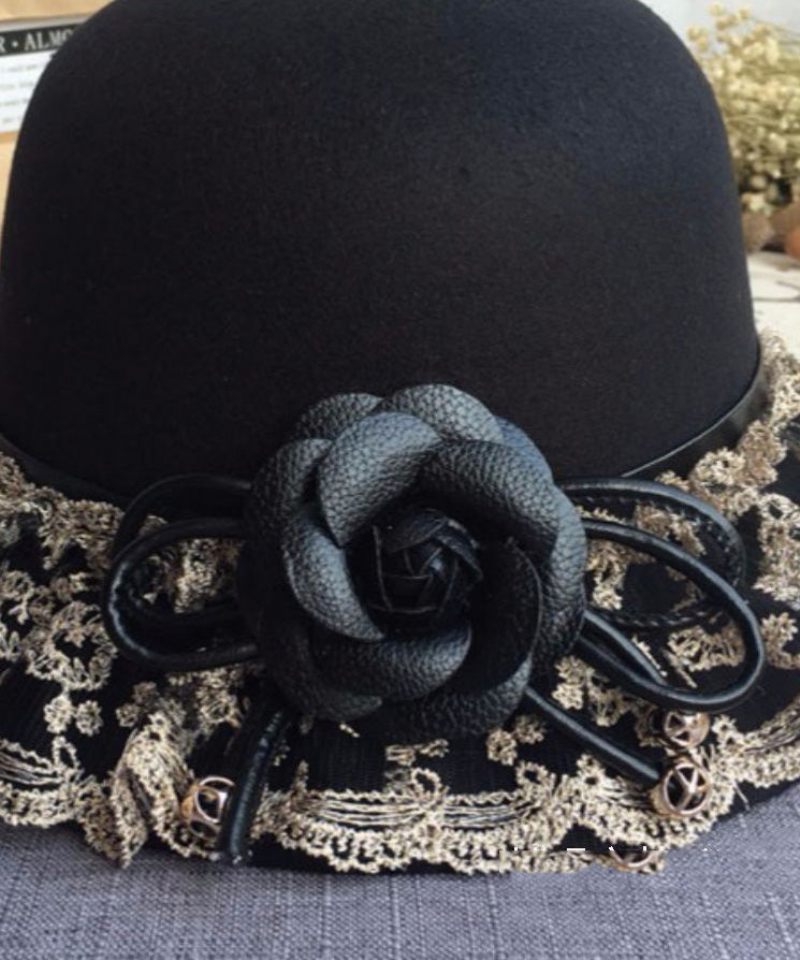 Boho Black Lace Patchwork Blomsterulden Bucket Hat - Dame uldfrakker