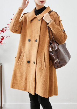 Boho Light Camel Dobbeltbryst Patchwork Strik Uld Trench Coats Efterår