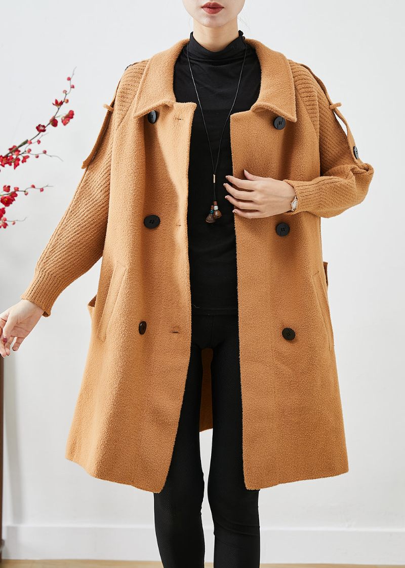 Boho Light Camel Dobbeltbryst Patchwork Strik Uld Trench Coats Efterår - Dame uldfrakker