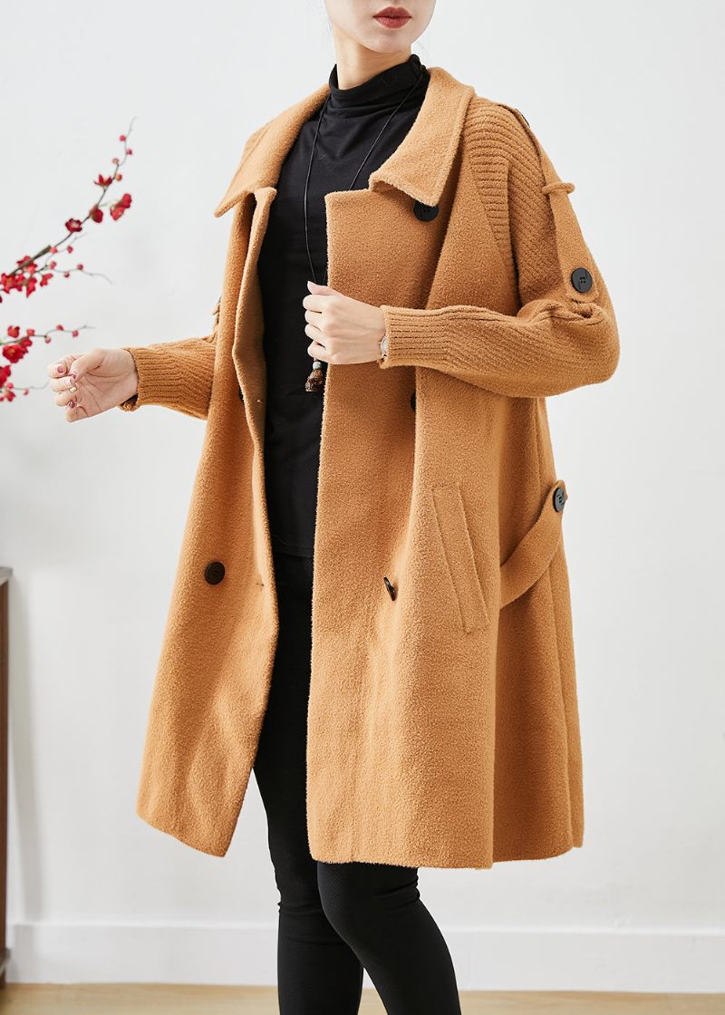 Boho Light Camel Dobbeltbryst Patchwork Strik Uld Trench Coats Efterår - Dame uldfrakker