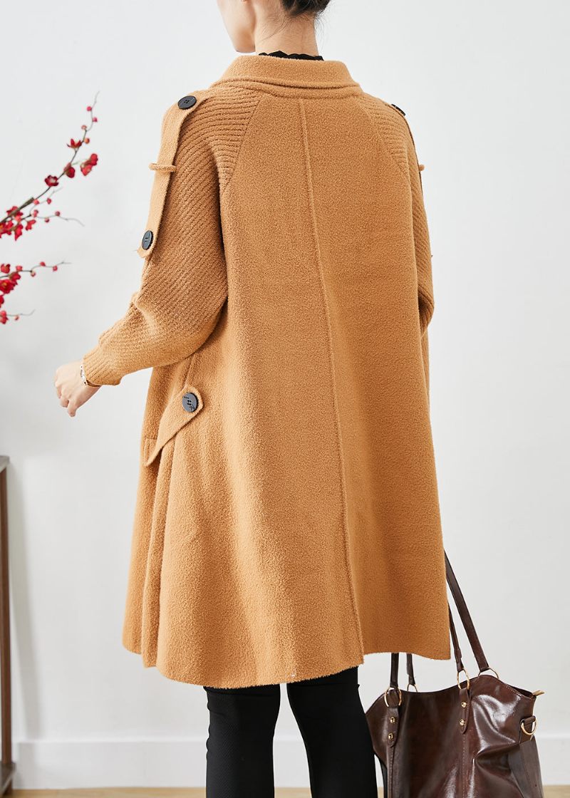 Boho Light Camel Dobbeltbryst Patchwork Strik Uld Trench Coats Efterår - Dame uldfrakker