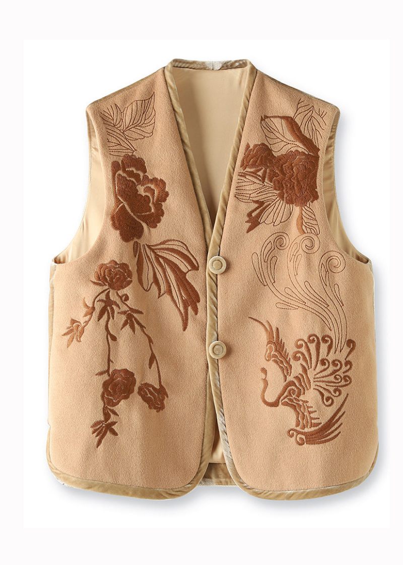 Boutique Khaki V-hals Broderet Patchwork Ulden Vest Uden Ærmer - Dame uldfrakker