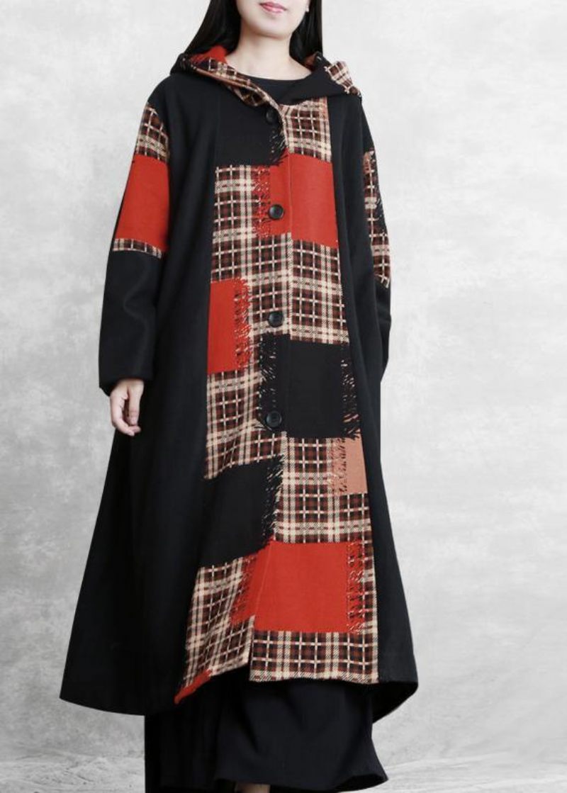 Boutique Oversized Lange Jakker Frakke Sort Plaid Hætte Patchwork Ulden Overfrakke - Dame uldfrakker