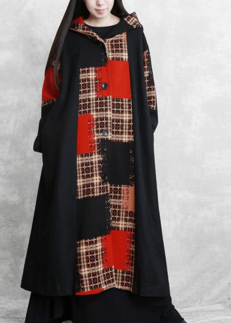 Boutique Oversized Lange Jakker Frakke Sort Plaid Hætte Patchwork Ulden Overfrakke - Dame uldfrakker