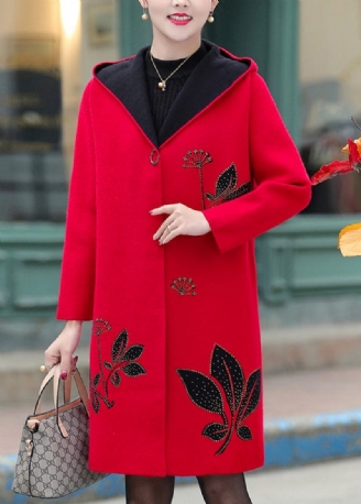 Boutique Red Jacquard Zircon Woolen Hooded Trench Spring