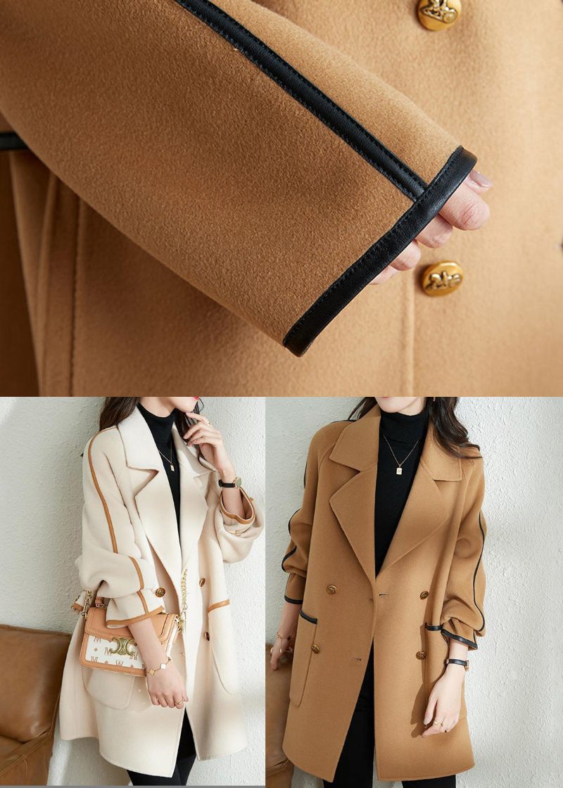 Camel Patchwork Ulden Trench Oversized Dobbeltbryst Fald - Dame uldfrakker