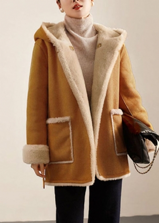 Casual Camel Patchwork Sashes Varm Fleece Wooled Blended Hooded Coat Vinter