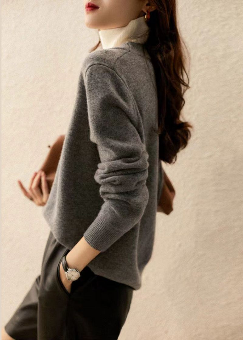 Casual Grå Hign Neck Tykke Patchwork Ulden Strik Pullover Fall - Dame uldfrakker