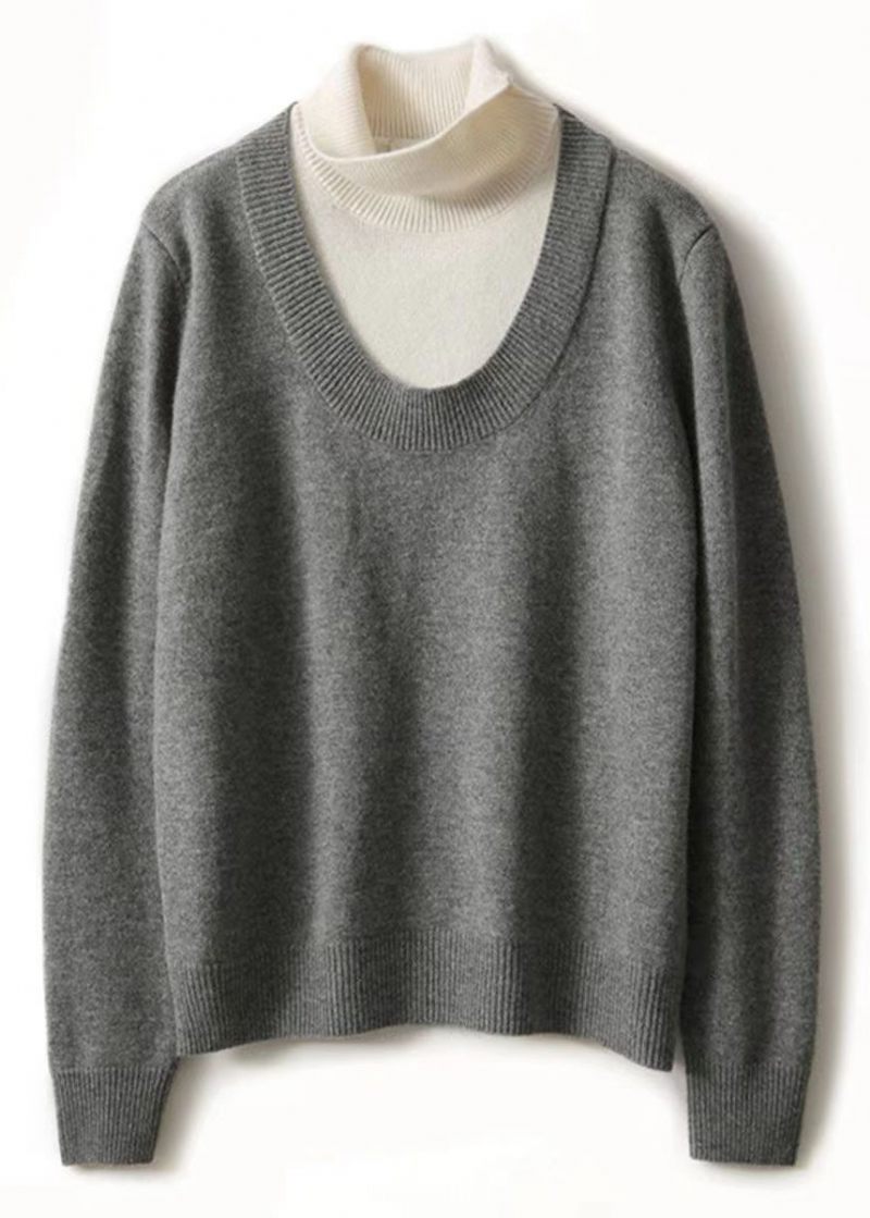 Casual Grå Hign Neck Tykke Patchwork Ulden Strik Pullover Fall - Dame uldfrakker