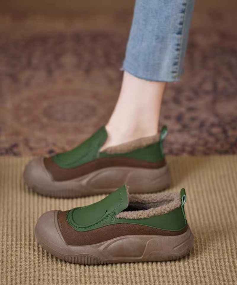 Casual Mørkegrøn Platform Penny Loafers Imiteret Læder Fuzzy Wool Foret