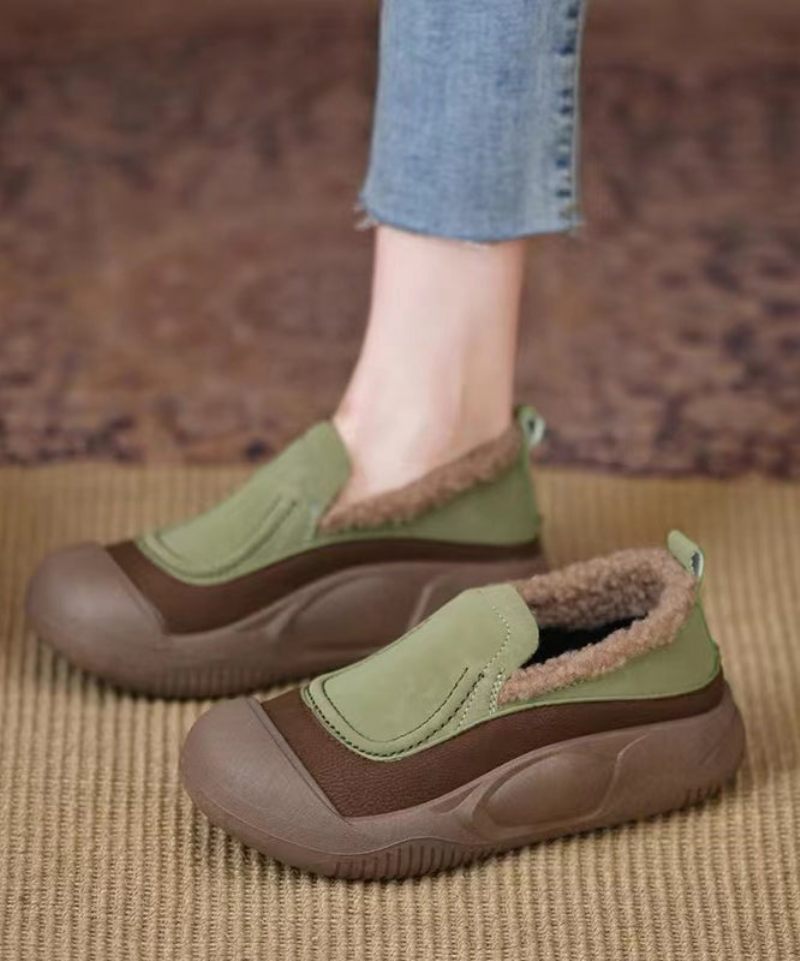 Casual Mørkegrøn Platform Penny Loafers Imiteret Læder Fuzzy Wool Foret - Dame uldfrakker