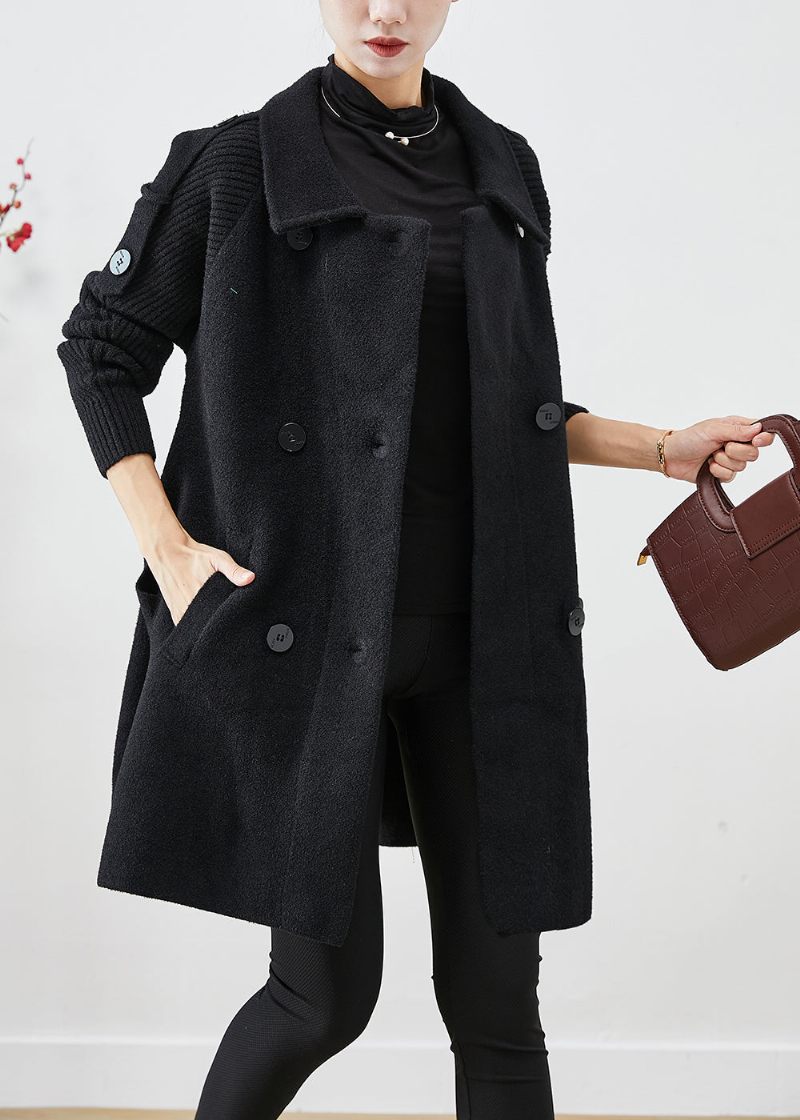 Casual Sort Dobbeltbryst Patchwork Ulden Trenchcoats Efterår - Dame uldfrakker