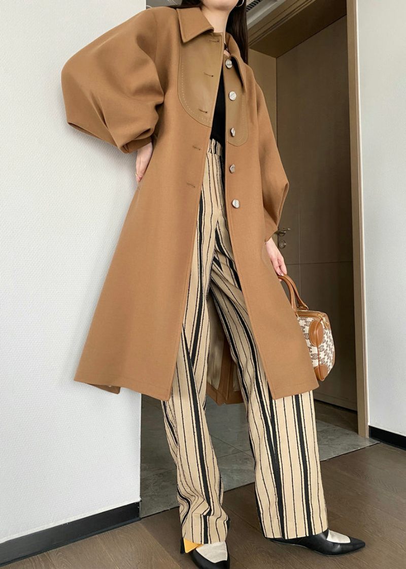 Chic Khaki Button Tie Talje Patchwork Uld Trench Coats Lantern Sleeve - Dame uldfrakker