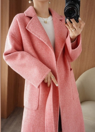 Chic Pink Notched Tie Talje Ulden Maxi Coat Fall