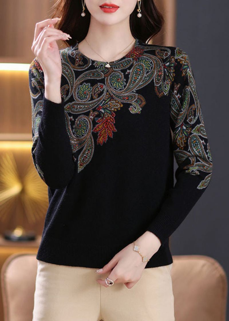 Chic Sort O-hals Zirkon Patchwork Uld Sweatere Med Lange Ærmer - Dame uldfrakker