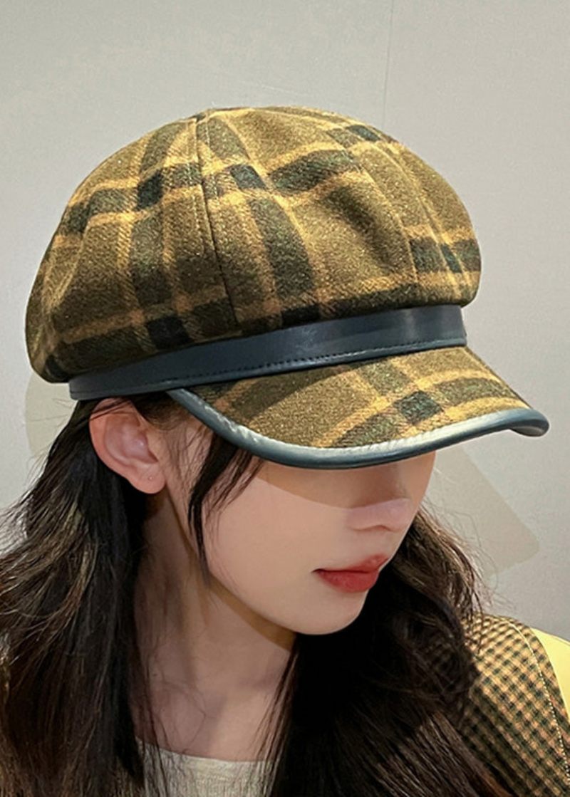 Chic Sort Plaid Zirkon Patchwork Ulden Baskerhat - Dame uldfrakker