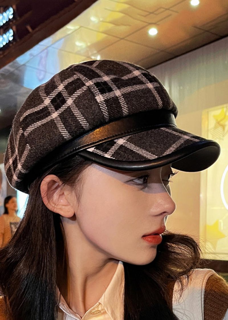 Chic Sort Plaid Zirkon Patchwork Ulden Baskerhat - Dame uldfrakker