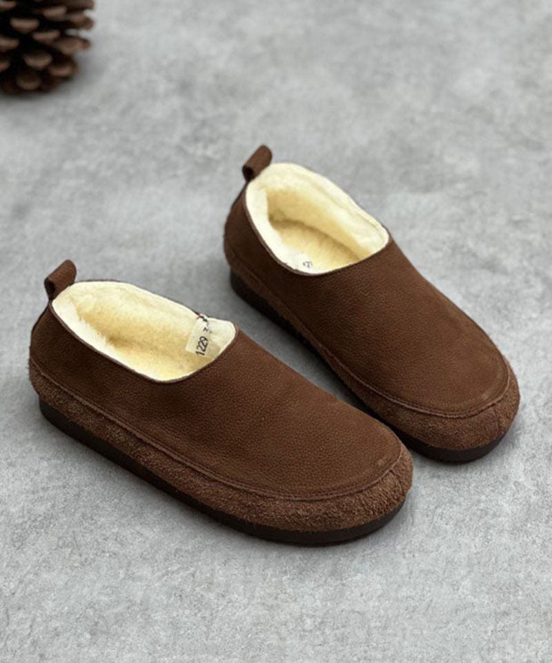 Chokolade Flats Kohud Læder Casual Fuzzy Uld Foret - Kaffe