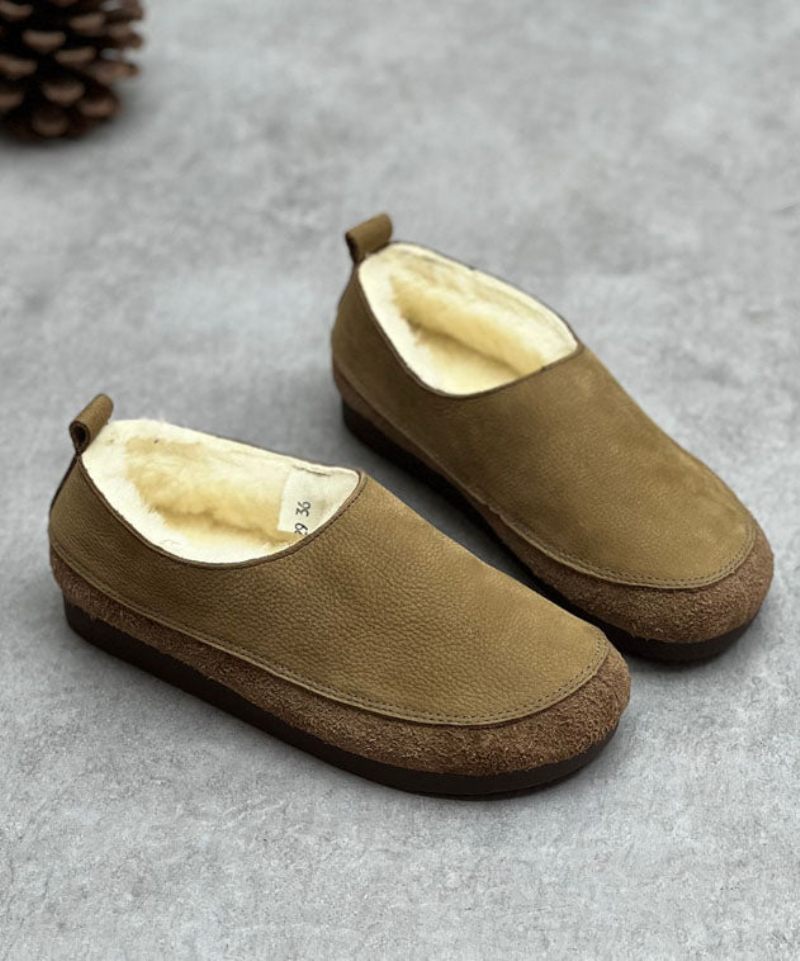 Chokolade Flats Kohud Læder Casual Fuzzy Uld Foret - Kaffe