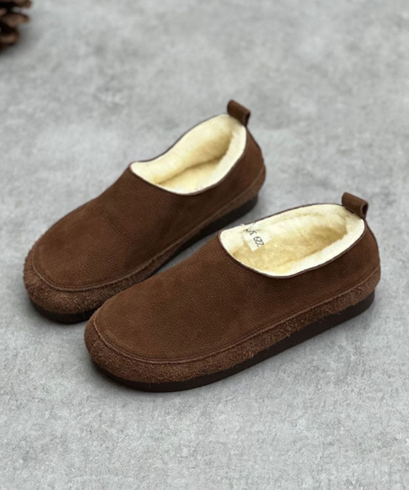 Chokolade Flats Kohud Læder Casual Fuzzy Uld Foret - Kaffe