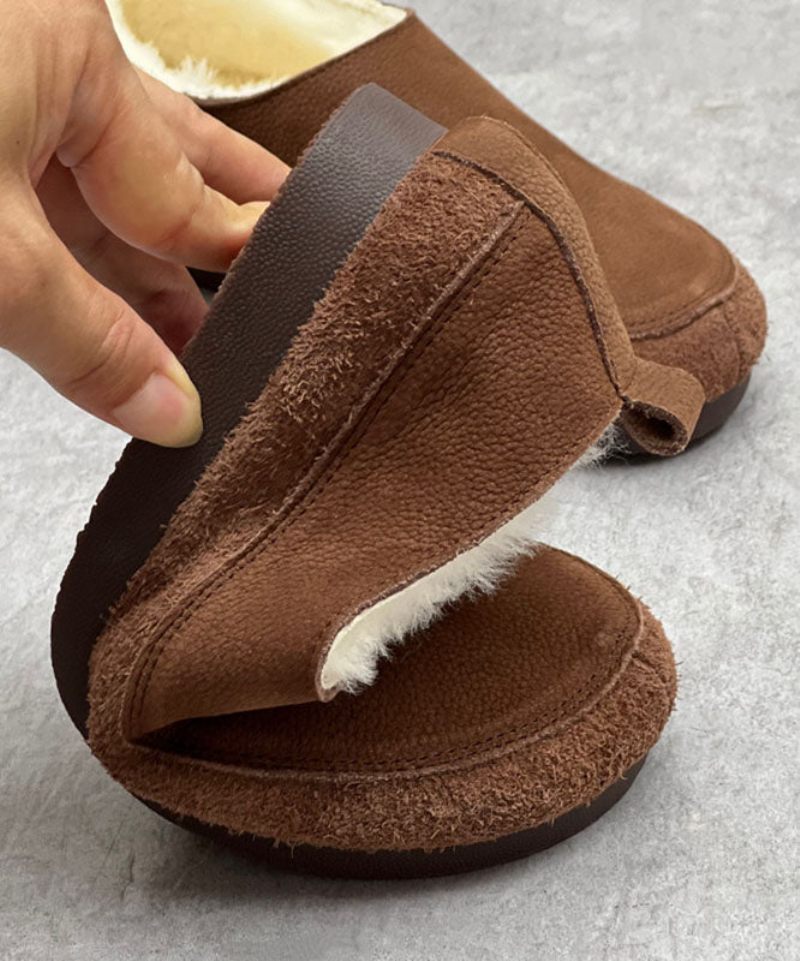 Chokolade Flats Kohud Læder Casual Fuzzy Uld Foret - Kaffe