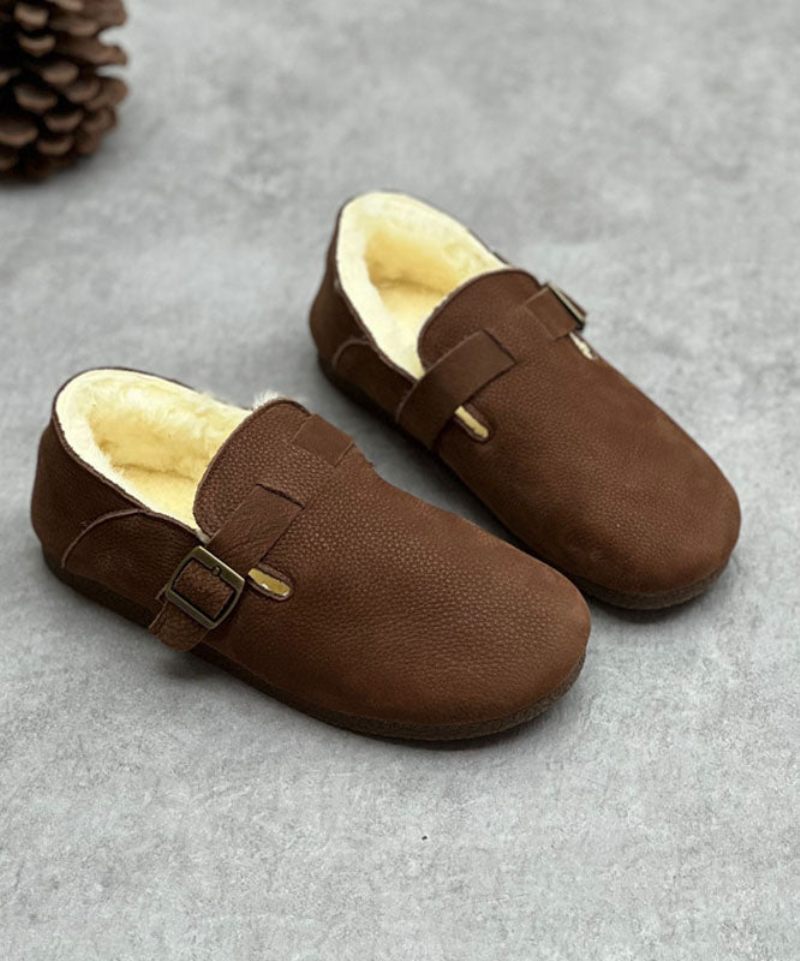 Chokolade Kohud Læder Flats Fuzzy Wool Lined Comfy Spænde Strap - Kaffe