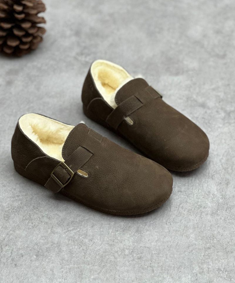 Chokolade Kohud Læder Flats Fuzzy Wool Lined Comfy Spænde Strap - Kaffe