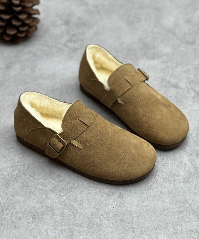 Chokolade Kohud Læder Flats Fuzzy Wool Lined Comfy Spænde Strap - Kaffe