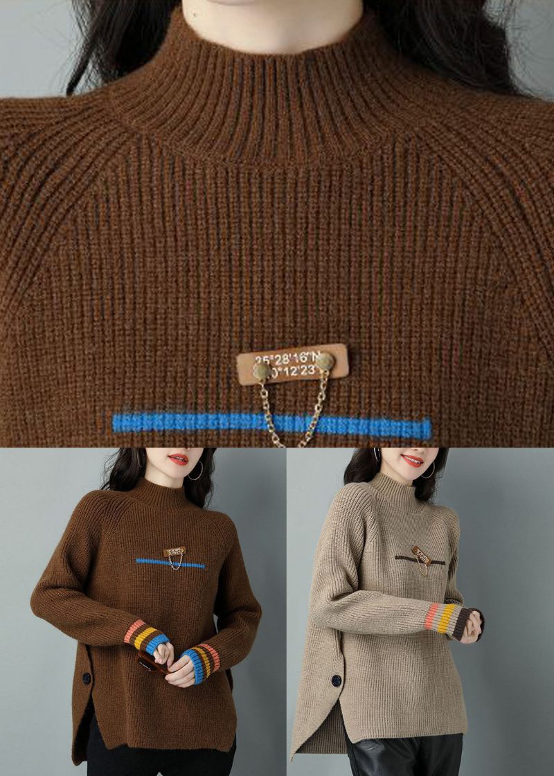 Chokolade Oversized Uld Strik Sweater Toppe Høj Hals Side Åben Vinter - Dame uldfrakker