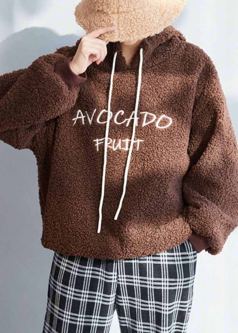 Chokolade Tyk Fleece Uld Sweatshirt Streetwear Brev Broderet Vinter - Kaffe