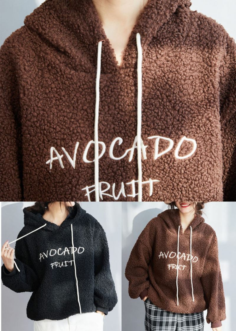 Chokolade Tyk Fleece Uld Sweatshirt Streetwear Brev Broderet Vinter - Kaffe