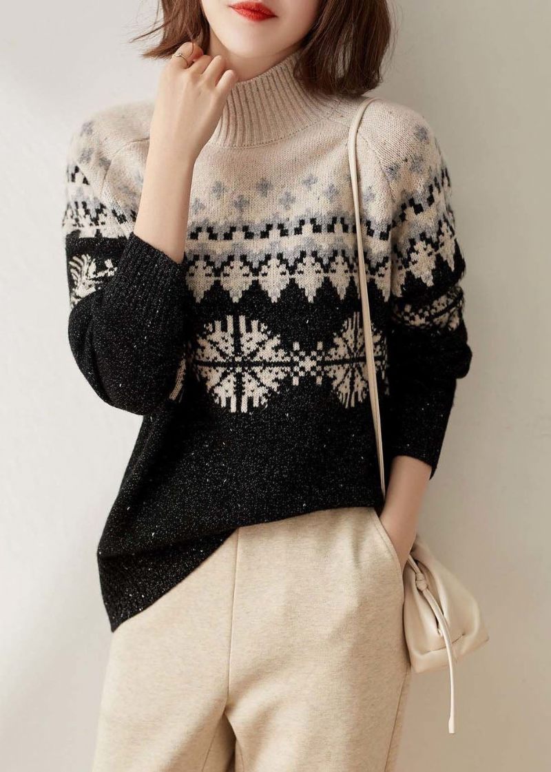 Classy Colorblock Højhalset Tykke Pailletter Print Uld Strik Sweater Toppe Vinter