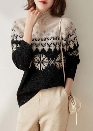 Classy Colorblock Højhalset Tykke Pailletter Print Uld Strik Sweater Toppe Vinter