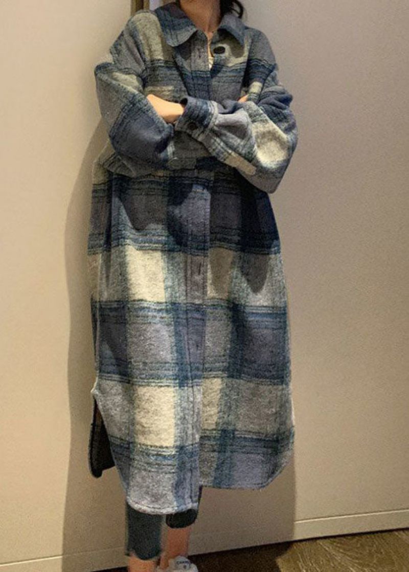 Club Grey Blue Plaid Button Side Open Fall Woolen Langærmet Trench - Dame uldfrakker