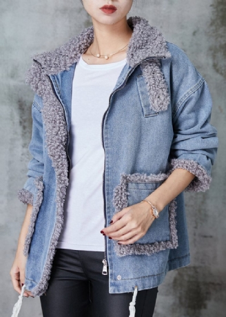 Denim Blå Patchwork Fleece Uld Foret Frakke Oversized Vinter