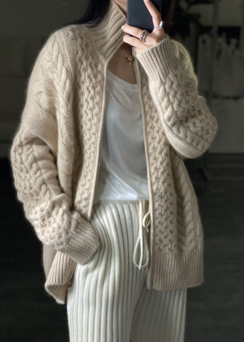 Diy Beige Zip Up Casual Ulden Strikket Toppe Frakke Vinters