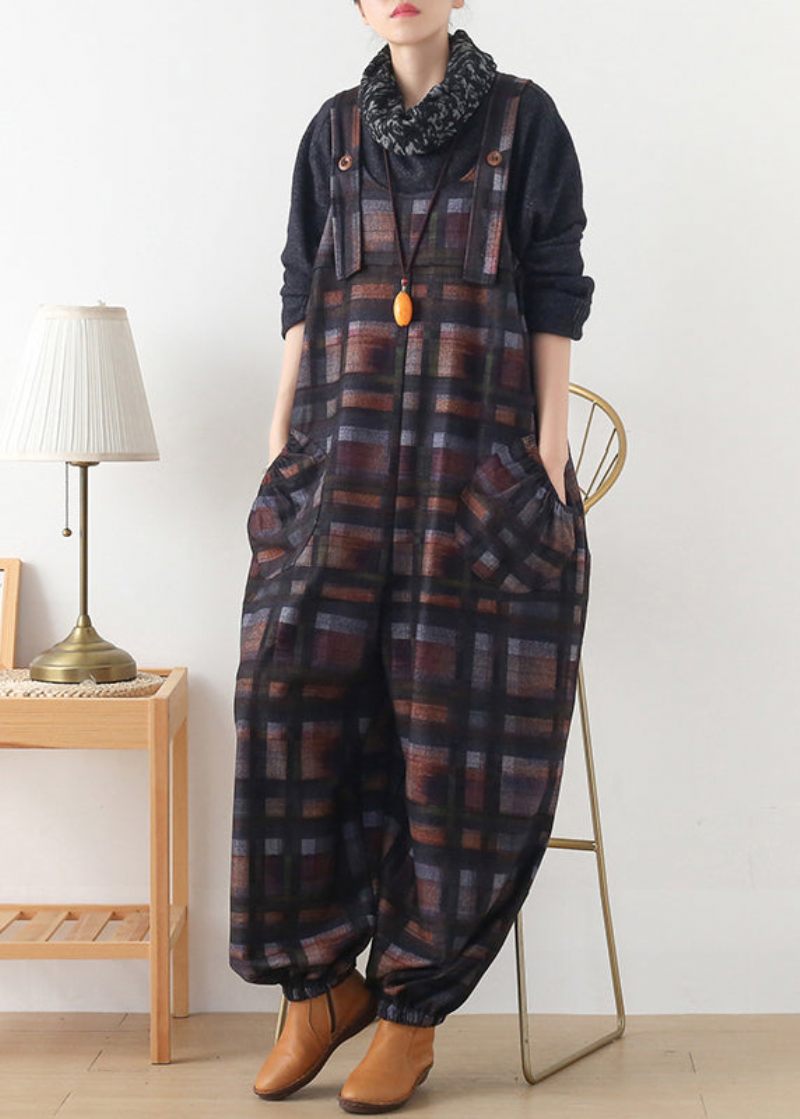 Diy Chokoladefarve Plaid Button Uld Jumpsuit Bukser Efterår